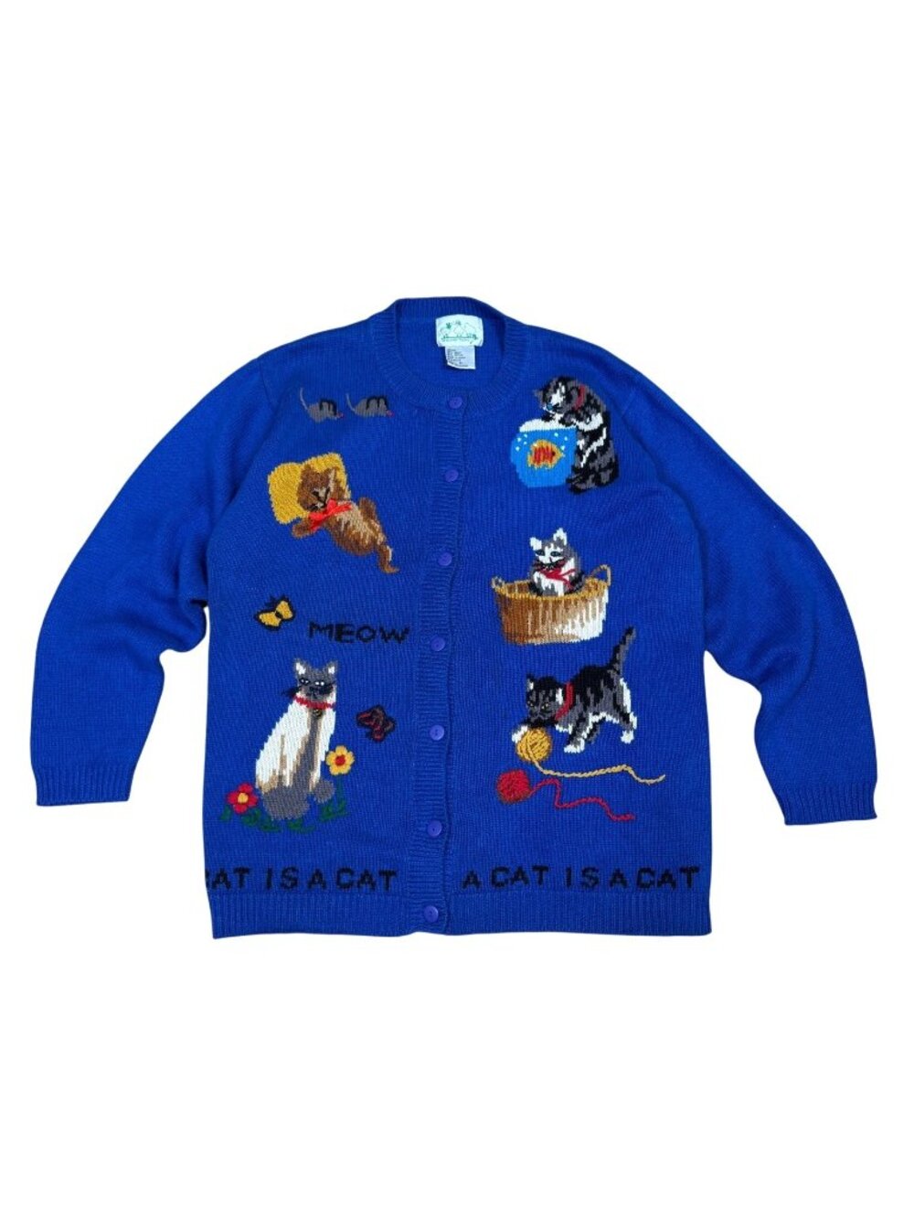 The Quacker Factory A Cat Is A Cat Vintage 90s Sweater Medium Cotton Ramie Novel - Picture 2 of 9